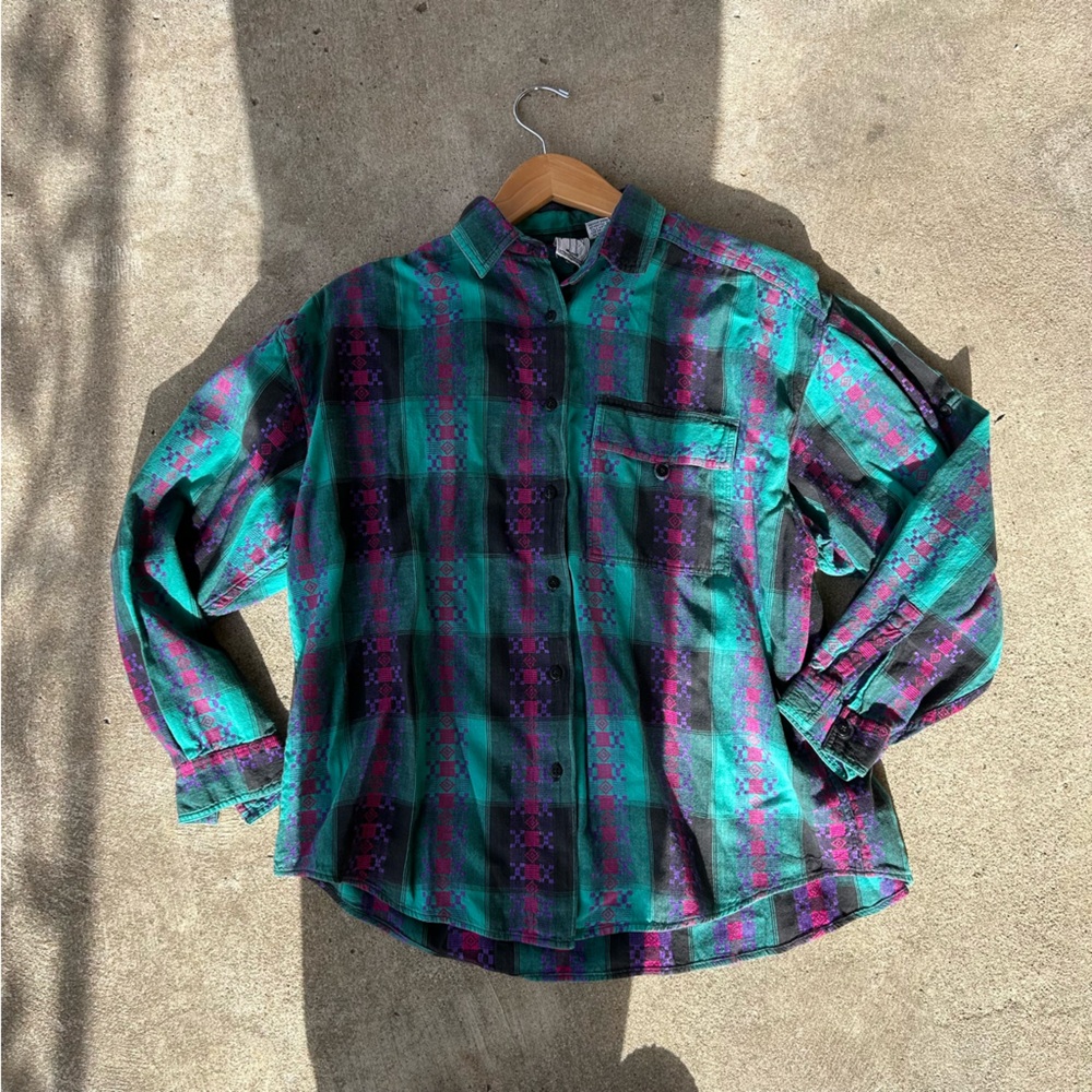 Vintage 80s Chez T Aztec Plaid Button Down Shirt L Large Teal Magenta Women